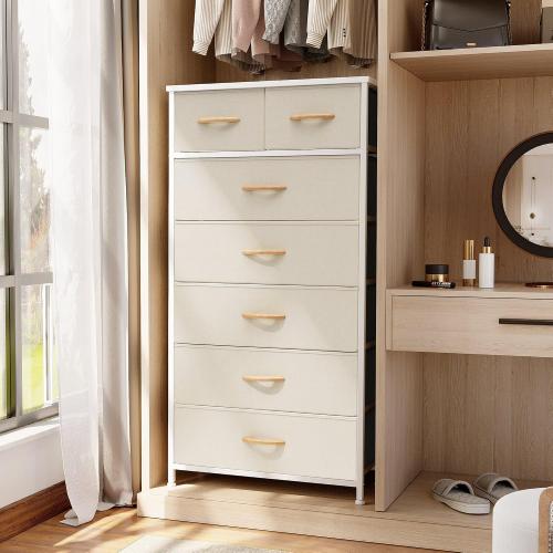 Crestlive Products Vertical Dresser Storage Tower - Sturdy Steel Frame, Wood Top, Easy Pull Fabric Bins, Wood Handles - Organizer Unit for Bedroom, Hallway, Entryway, Closets - 7 Drawers (Beige)