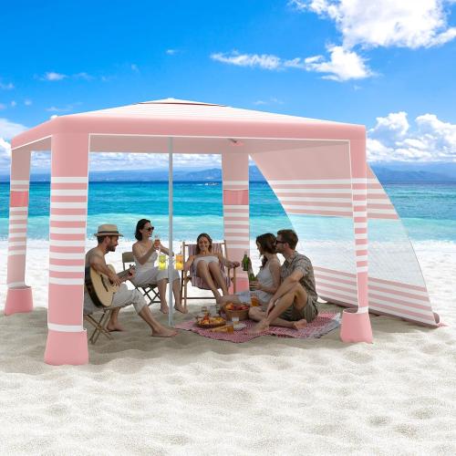 MoKo Beach Cabana, 8'×8' Large Beach Canopy with Side Wall, UPF 50  Protection Easy Setup Beach Tent Sun Shelter, Adjustable Height Wind Resistant Cabana Beach Tent for Whole Family, Pink Stripe