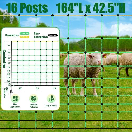 42.5 x 164' Electric Goat Fence Netting Kit – Portable Livestock Fencing with 16 Double-Spiked Posts, Movable PE Net for Hogs, Cattle, Goats, Backyard & Farm
