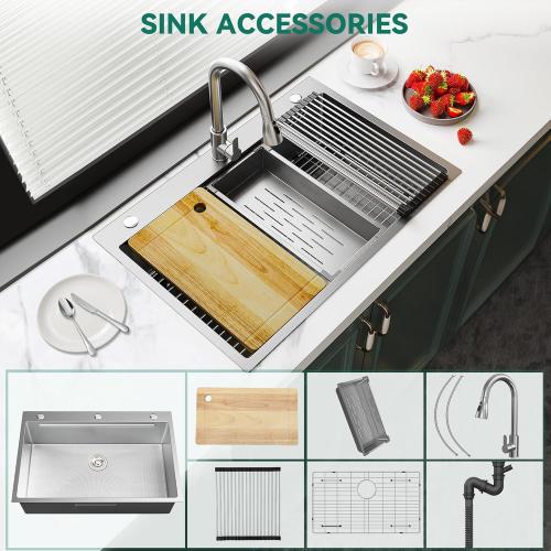 YITAHOME Drop In Kitchen Sink Workstation with Pull-down Faucet, 304 Stainless Steel Single Bowl Top Mount Sink w/Ledge & Accessories, Honeycomb Surface Design, 33 x 22 x 10 in, Silver