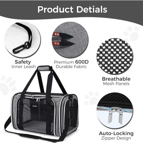 Grey 17x11x12 BAGLHER Pet Travel Carrier, Cat Carriers Dog Carrier for Small Medium Cats Dogs Puppies, Airline Approved Small Dog Carrier Soft Sided, Collapsible Puppy Carrier. Grey