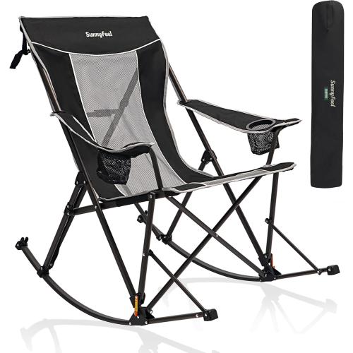 SUNNYFEEL Oversized Folding Rocking Camping Chair with Buckle Design Outdoor Rocker High Back Lawn Camp Rocker Chair with Cup Holder Heavy Duty 500 LBS for Outdoor/Camping/Lounge/Patio with Carry Bag