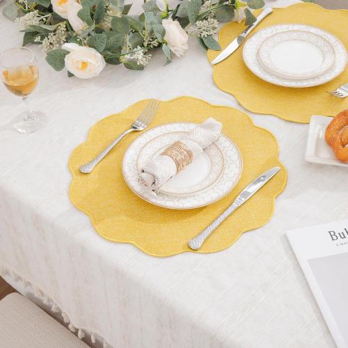 SHACOS Scalloped Round Placemats Set of 6 Polyester Linen Blend 15 inch Washable Non Slip Place Mats Easy Clean Heat Resistant Table Mats for Kitchen Dining Table Decor, Yellow
