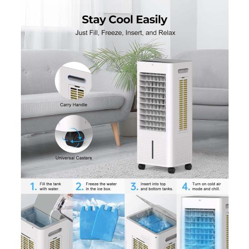 Portable Evaporative Air Cooler for Bedroom: PNTCK Swamp Cooler Fan & Humidifier with 2.1Gal Tank with, Remote, 2 Ice Packs, 3 Speeds, 3 modes, 12H Timer, Evaporative cooler for Room Indoors