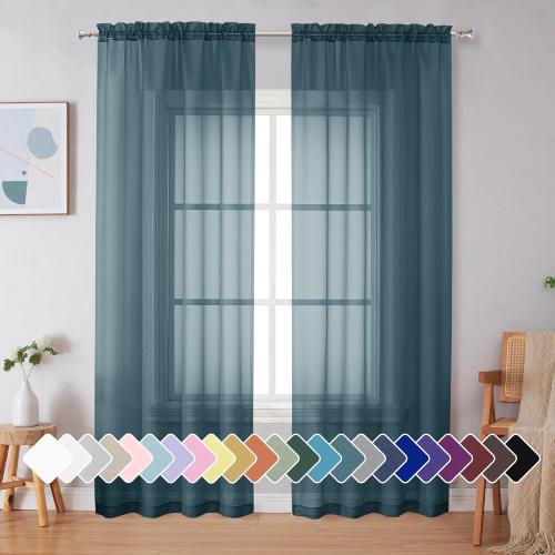 Simplebrand Dusty Blue Sheer Curtains 90 Inches Long 2 Panels, Light Filtering Rod Pocket Solid Color Window Sheer Curtain Panels, Elegant Curtains & Drapes for Living Room, Bedroom, 42 W x 90 L