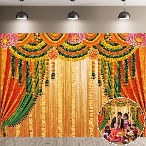 Indian Pooja Traditional Backdrop Indian Religious Festival Marigold Yellow Curtain Background Diwali Puja Ganpati Pooja Mehndi Wedding Party Decoration 7x5FT