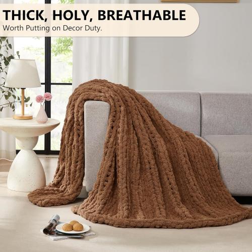 TAN 40x50 L'AGRATY Chunky Knit Blanket Throw - Soft Chenille Yarn Throw Blanket 40x50： Handmade Thick Cable Knit Crochet Blanke - Large Knit Blanket Chunky Rope Knot Throw Blanket for Couch Sofa Bed Home Decor