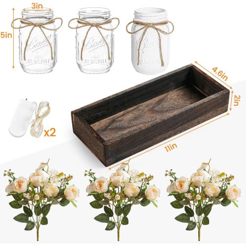 3 Pcs Mason Jar Centerpiece Table Decorations for Dining Table Decor Farmhouse Coffee Table Decor with Wood Tray and Led Light Table Centerpieces for Dining room Kitchen Living Bathroom,White