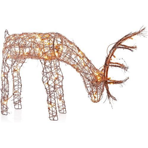 Alpine Corporation 24H Outdoor Rattan Grazing Reindeer Lawn Decoration with White Lights , Christmas Decoration