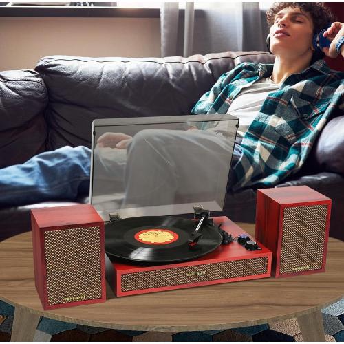 Vinyl Record Player with Dual External Speakers, 3 Speed Vintage Stereo Turntable for Vinyl Records, Bluetooth Input, Auto Stop & Belt Driven System, RCA Out and Aux in