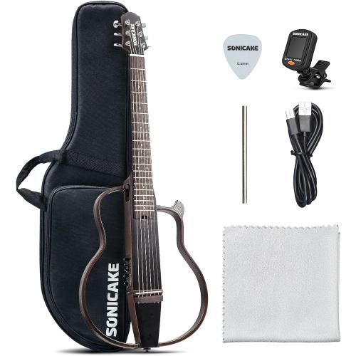 SONICAKE Acoustic Electric Travel Guitar, Portable Practice Guitar Kit, Solid Mahogany Body, Easy Assemble Frames, Multi Body-Shape Sim Rechargeable Preamp, Gig Bag, All Accessories QGT-01