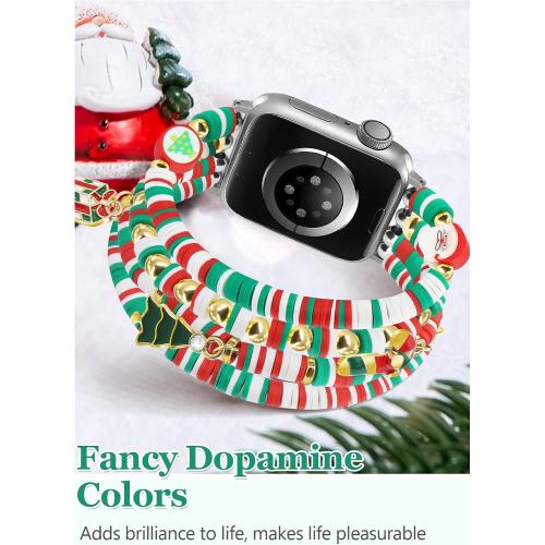 Christmas Beaded Bracelet Band Women Compatible with Apple Watch 42mm(S3/2/1) 44/45/46/49mm Cute Preppy Handmade Elastic Stretch Strap for iWatch Series 11/10/9/8/7/6/5/4/3/2/1/SE/Ultra (M)