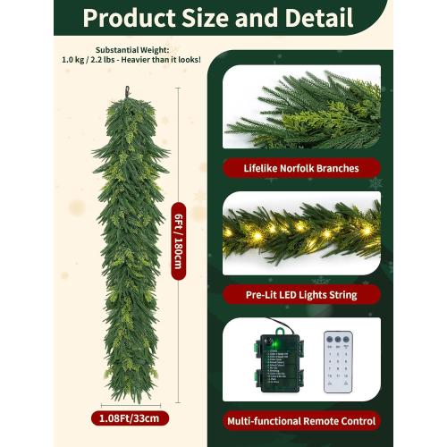 NUPTIO Christmas Norfolk Pine Garland: 6Ft Artificial Pre-Lit Cedar Garland for Mantle Fireplace Table Stair - Real Touch Greenery Decorations 30 LED Lights 12-Mode with Remote Timer for Door Wall