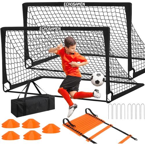 Kids Soccer Goals for Backyard, 2 of 6 x 4 ft Kids Soccer Goal Set Soccer Net with 10 Soccer Cones, Agility Ladder & Carry Bag, Portable Soccer Training Equipment.