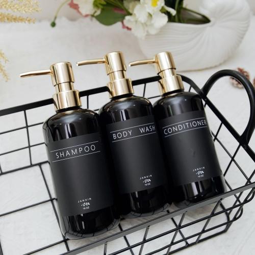 Shampoo and Conditioner Dispenser Set of 3,Modern Refillable 16oz Shampoo and Conditioner Bottles with Pump,Stylish Shower Soap Dispenser with Waterproof Labels for Bathroom (Black)