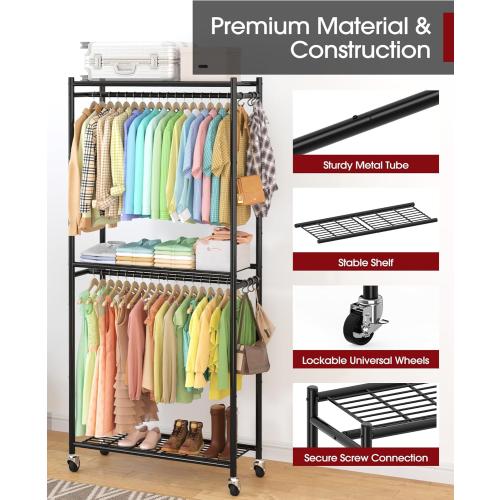 Sakugi Clothes Rack - 33.0 x 12.2 x 79.5 Clothing Rack with Shelves & Wheels, Multi-Functional Wardrobe Closet with Hooks, Sturdy Metal Garment Rack for Bedroom, Laundry, Balcony (Black)