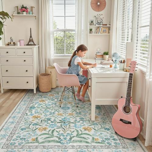 Lahome Light Blue Bedroom Rug 8x10 Under Bed, Boho Washable Rugs for Living Room Nursery, Soft Wool Vintage Low Pile Carpet for Dining Room Girls | Soft Wool Vintage Low Pile Carpet for Girls Kids Nursery Dining Room