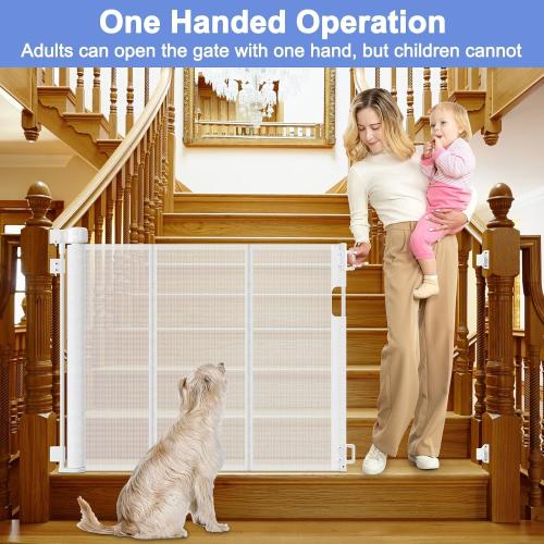 Reinforced Bottom Retractable Child Gate for Stairs Prevents Bottom Drilling Through Baby and Dog 80 Inch Extra Wide Retractable Toddler Gates for Stairs Mesh Baby Gate Retractable Gate for Dogs