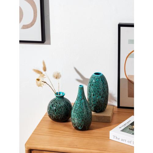 Ceramic Bud Vase Set, Fambe Blue Glazed Finish, Decorative Flower Vases (Blue-Set of 3)