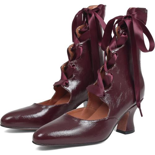 SaraIris Women's 6.5 Dark Red And Black Mary Janes Kitten Heel Round Toe Ankle Strap Lace Up Shoes
