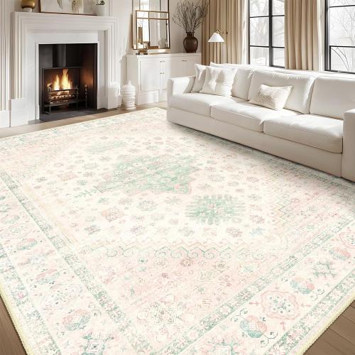 MUJOO 8x10 Area Rugs,Washable Rugs for Living Room Dining Room Bedroom,Large Boho Throw Carpet,Non Slip Big Indoor Low Pile Light Pink and Green