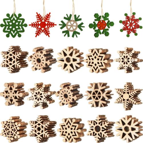100 Pcs Christmas Unfinished Wooden Snowflake Ornaments Snowflake Hanging Cutouts Blank Wood Slices with Cord Craft Embellishments for Xmas Tree Decorations