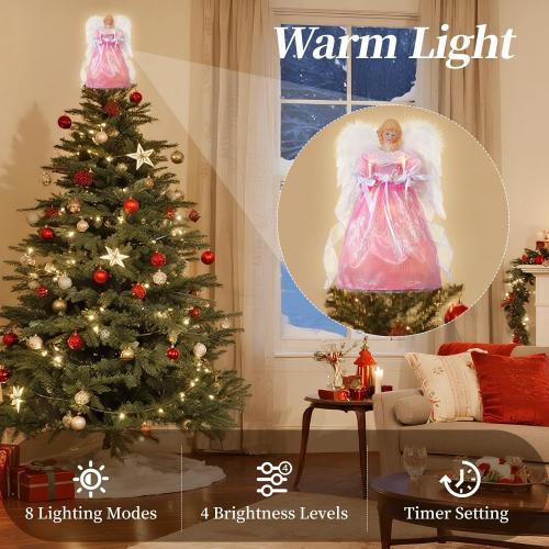 Lewondr Christmas Tree Topper Angel, 12'' Light Up Angel Tree Topper with Wings and Candle Light, 8 Modes and 6 Hrs Timer USB and Remote Operated Christmas Decor for Holiday Home Decor, Pink