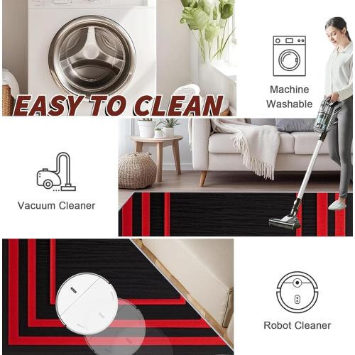 3x4 Modern Geometric Area Rug, Black Carpet, Red Border Line Design, with Non-Slip Backing, Stain Resistant and Washable, Suitable for Bedroom, Living Room, Kitchen, Hallway, Entryway Rug