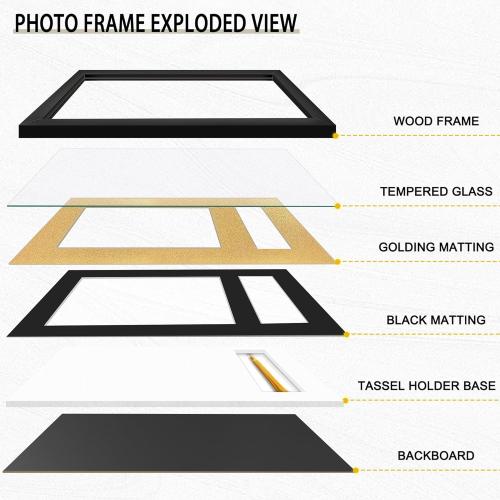 Picrit 11x17 Wood Diploma Frame with Tassel Holder for 8.5x11 Certificate/Degree Document with Tempered Glass, Black over Gold Mat