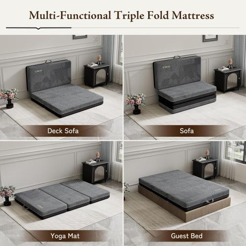 Tri Folding Mattress Twin Size - Memory Foam Tri-fold Mattress, Handle & Non-Slip Bottom, Portable Foldable Sofa Bed Floor Chair for Travel RV Camping Guest Yoga - 6 Inch, 75x38x6