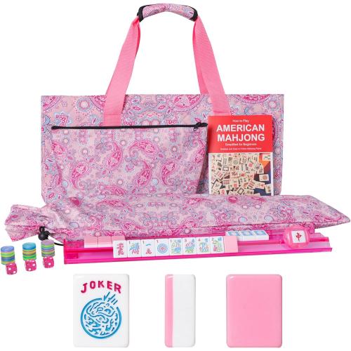 American Mahjong Game Set, 166 Pink Tiles (1.2”), 4 All-in-One Color Rack/Pushers & Drawstring Bag, Complete Mahjong Sets with Pink Printed Carrying Bag and Mahjong Tile Set Accessories