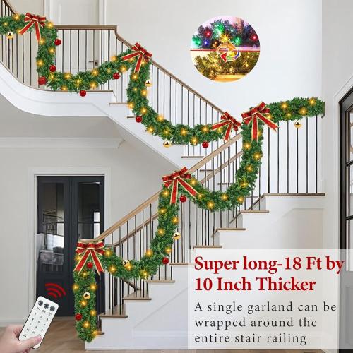 Remote Control 18 Ft Extra Long Prelit Christmas Garland Outdoor 100 Warm White & Multicolor Light 12 Mode Timer Real Touch Cedar Garland Battery Operated 600 Branch Christmas Decoration Stairs Mantle