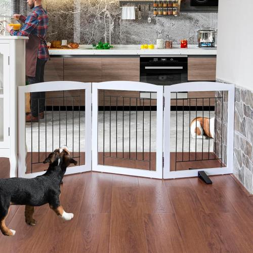 ZJSF Freestanding Dog Fence Indoor, Foldable Dog Gate for Doorways, Stairs or Hallways, Sturdy Wood Extra Wide Pet Gate with Support Feet for The House, White, 24 Height-3 Panels