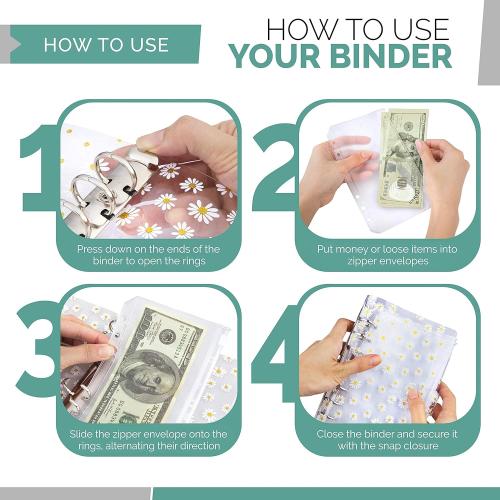 Saveyon Daisy A6 Budget Binder, 12 Clear Cash Envelopes for Budgeting, Zipper Envelopes, Money Organizer with Budget Envelopes for Saving, A Cute, Practical Solution for Organizing Your Budget