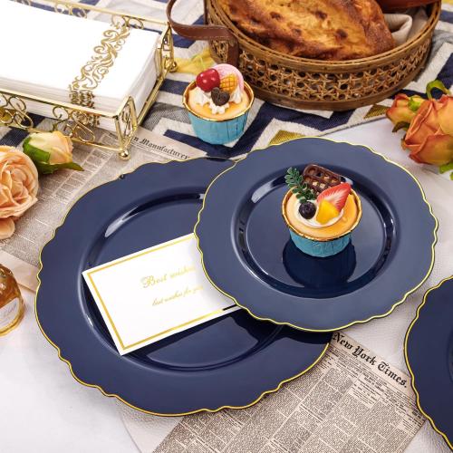 WDF 100pcs Blue Plastic Plates - Baroque Blue&Gold Disposable Plates for Parties/Wedding-50Plastic Dinner Plates 10.25in, 50Salad Plates 7.5in for Party/Birthday/Wedding/Passover