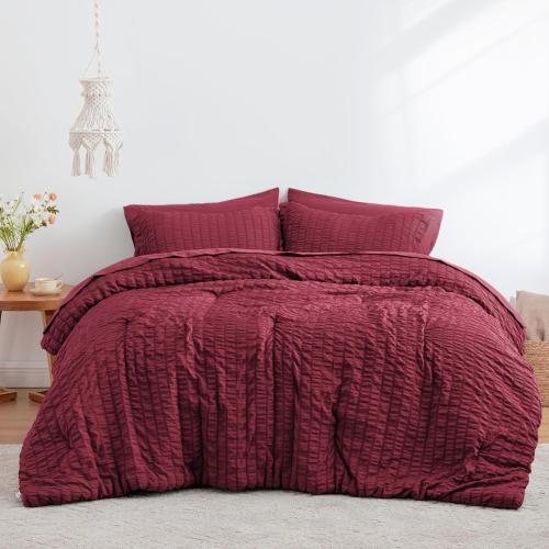 Love's cabin Seersucker Burgundy King Size Comforter Set, 7-Piece All Season Lightweight Bed in a Bag Bedding Set with Comforter, Flat Sheet, Fitted Sheet, Pillowcases and Shams
