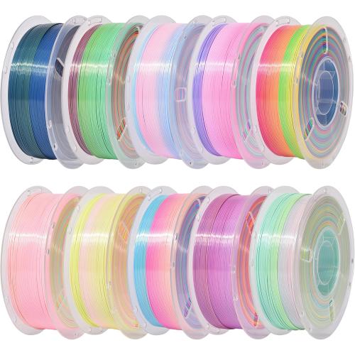 RAMBERY Silk Rainbow PLA 3D Printer Filament Bundle, 10 Colors Total 10kg, 1.75mm Multicolor Gradient 3D Printing Filament for Most FDM 3D Printers, 1KG Spool (2.2lbs) x 10 PCS