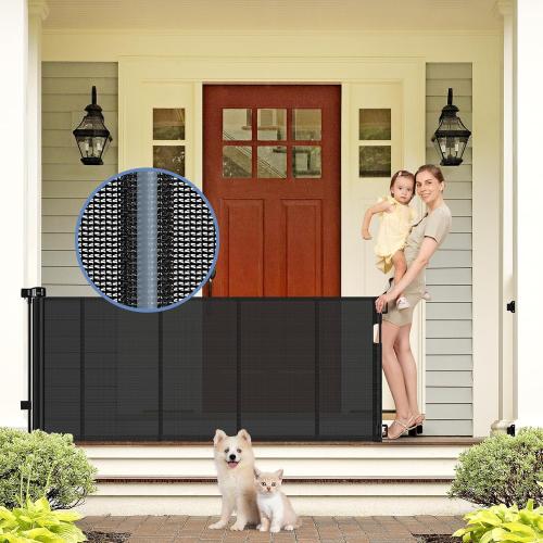 BLACK Reinforced Retractable Baby Gates with Support Beam 60 Wide Retractable Dog Gate Indoor Prevent Children and Dogs from Crawling Under Outdoor Dog Gate for Deck Mesh Gates for Kids or Pets, Black