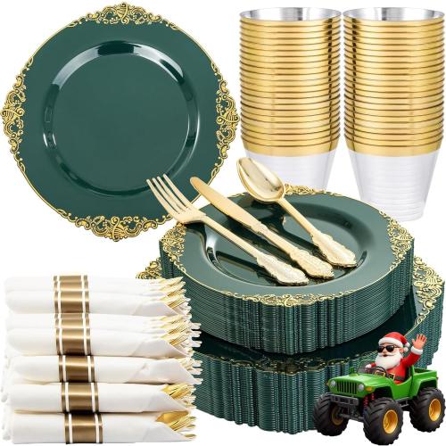 Nervure 175PCS Green Plastic Plates - Disposable Green Gold Party Plates & Pre Rolled Napkins with Cutlery for 25 Guests, 50Plates, 75Silverware, 25Cups, 25Napkin for Wedding & Party