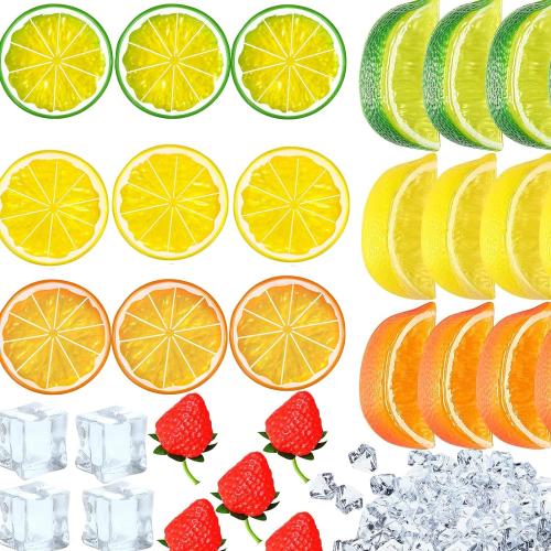 83 Pcs Fake Fruits Ice Cube Crushed Set, Artificial Lemon Block Slice Simulation Strawberry Ice for Home Kitchen Decoration Wedding Vase Filler(Ice Strawberry Lemon)