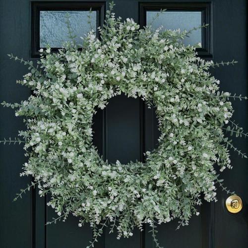 26'' Large Eucalyptus Wreath for Front Door, Porch- Artificial Eucalyptus and Lavender with Babys Breath Flowers Wreath for Home, Farmhouse Wall Decor- Spring, Summer, Fall, All Seasons (White-Green)