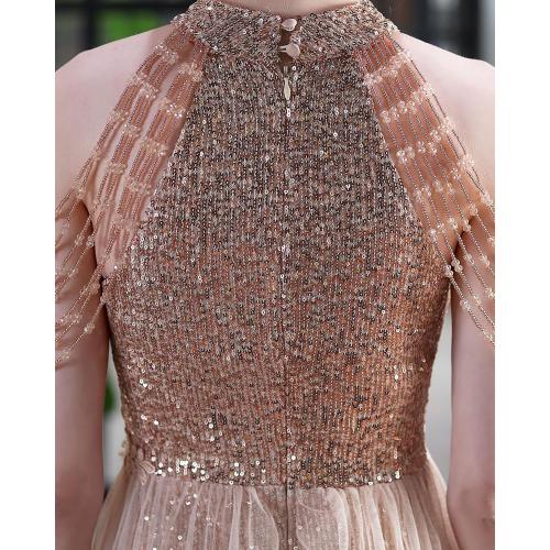 Size M Women Elegant Sequins Cocktail Dress Prom Ball Evening Gowns for Women Halter Wedding Dress Beaded Sleeve Mesh A Line Dresses