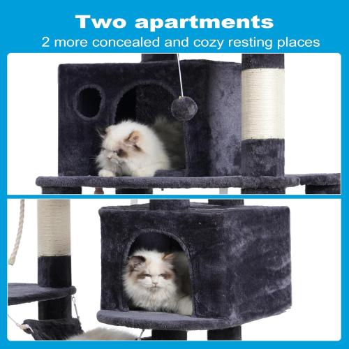 Hey-brother Large Multi-Level Cat Tree Condo Furniture with Sisal-Covered Scratching Posts, 2 Bigger Plush Condos, Perch Hammock for Kittens, Cats and Pets Smoky Gray MPJ020G