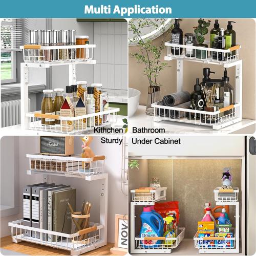 Under Sink Organizer 2 pack, 2 Tier Slide Out Under Sink Organizers And Storage, Height Adjustable Pull Out Cabinet Drawers, Kithcen Bathroom Metal Storage Caddy Shelf, White