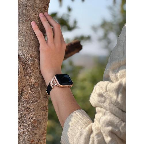 Genuine Leather Band Compatible with Apple Watch Women 38mm 40mm 41mm 42mm(2024 series 10), Designer Slim Leather Strap with D-Shape Gold Metal Buckle for iWatch Series 10 9 8 SE 7 6 5 4 3 2 1, Black
