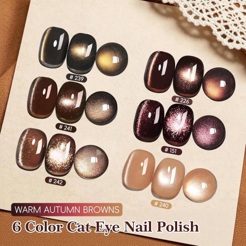 PEACECOLOR Brown Cat Eye Gel Nail Polish Set with Magnet, 6 Colors Dark Brown Magnetic Gel Polish U V Cure Holographic Shimmer Fall Winter Cat Eye Gel for DIY Nail Art
