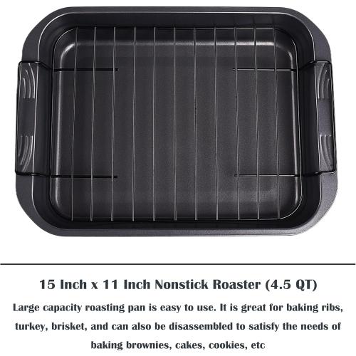 Bakeware Nonstick Roaster, Nonstick Roasting Pan with Rack, Great For Roast Chicken, Roasts And Turkeys - 15 Inch x 11 Inch (5.8 QT), Gray