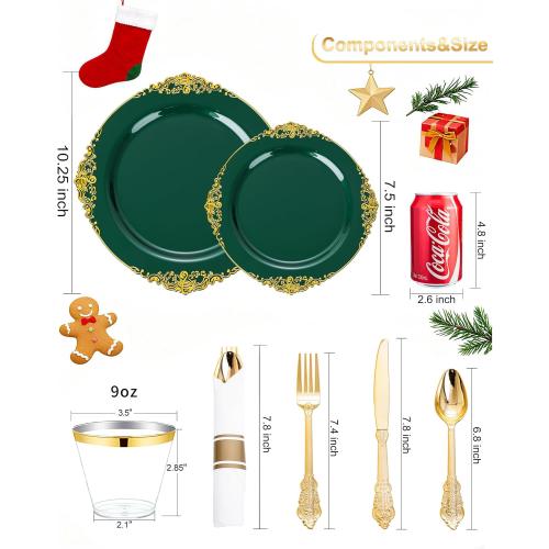 Nervure 175PCS Green Plastic Plates - Disposable Green Gold Party Plates & Pre Rolled Napkins with Cutlery for 25 Guests, 50Plates, 75Silverware, 25Cups, 25Napkin for Wedding & Party