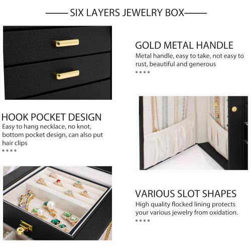 AKOZLIN Jewelry Box Organizer Functional Leather Jewelry Storage Case for Women Girls Ring Necklace Earring Bracelet Holder Organizer with Mirror Black