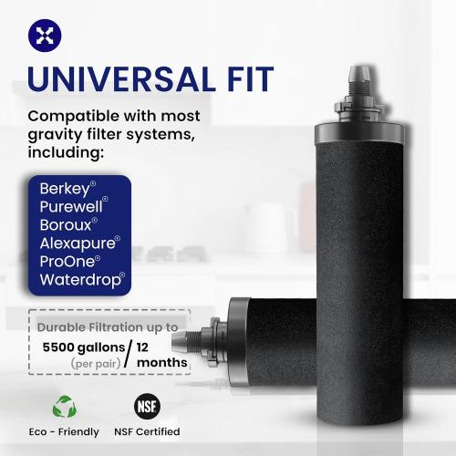 2.25 G | Gravity Water Filter | NSF Certified | AISI 304 Stainless Steel Countertop Water Filter | 2 Carbon Filters | Steel Spigot | Manual Install | No Electricity or Plumbing Required | Portable
